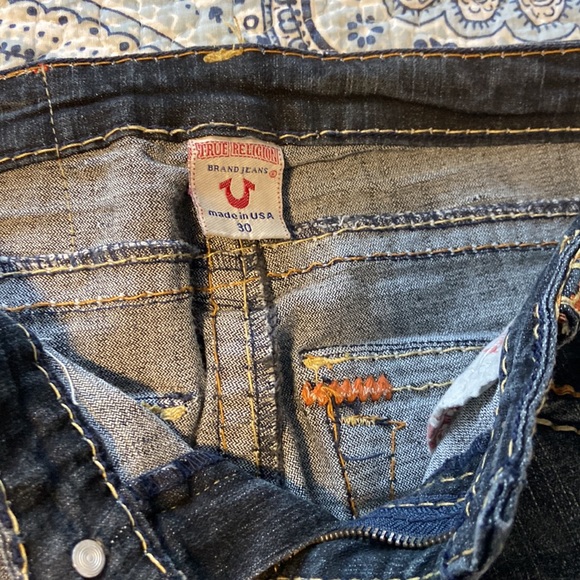 Like new distresses grey true religion jeans. Low rise straight leg. - Picture 2 of 3